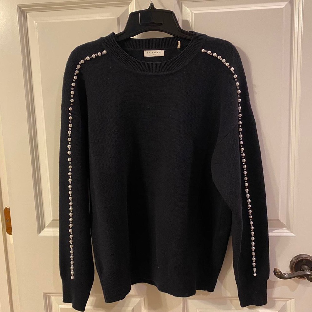 Sandro pearl-embellished black sweater